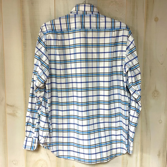 Allen Edmonds White Blue Yellow Plaid Cotton Classic Button Down Shirt Men’s LG - Picture 2 of 6